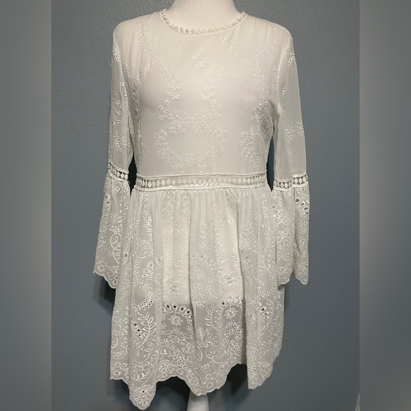 Zara Dresses & Skirts - Zara Sheer White Eyelet Cutwork Babydoll Dress Bridal Cottagecore Boho Large